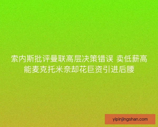 索内斯批评曼联高层决策错误 卖低薪高能麦克托米奈却花巨资引进后腰
